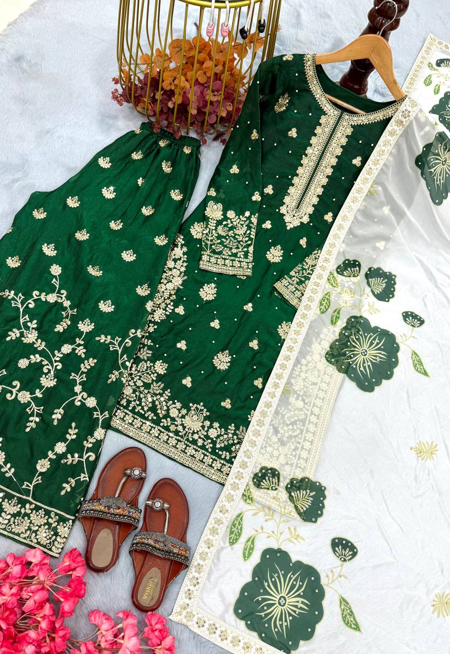 Green Designer Pure Fendi Silk Plazzo Top and Dupatta For Party Wear