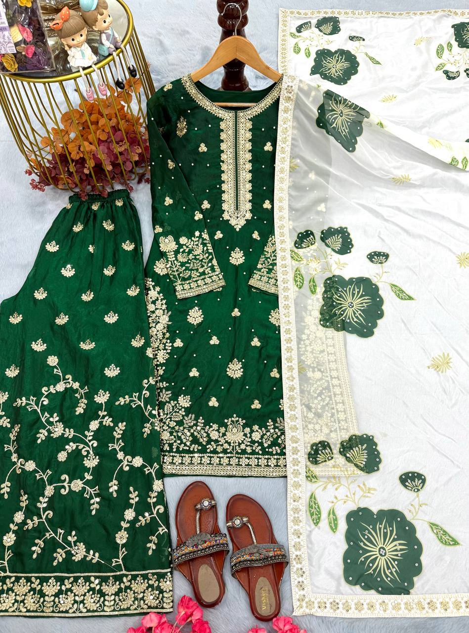 Green Designer Pure Fendi Silk Plazzo Top and Dupatta For Party Wear