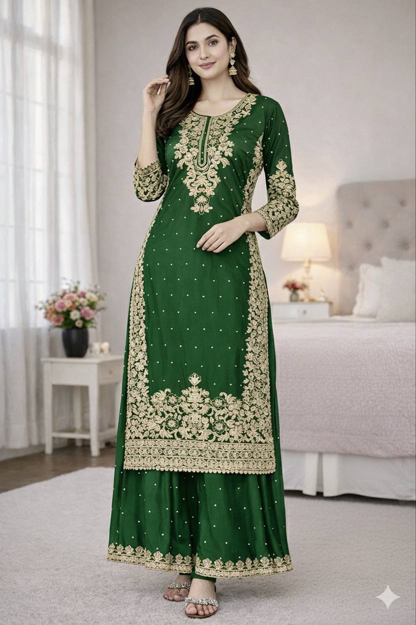 Green Designer Pure GMY Silk Top Bottom and Dupatta For Party Wear
