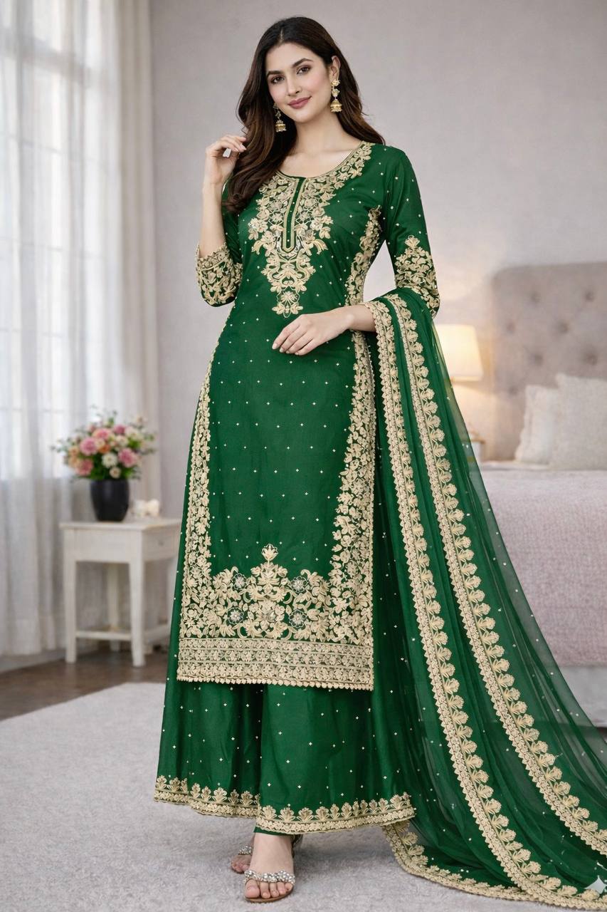 Green Designer Pure GMY Silk Top Bottom and Dupatta For Party Wear