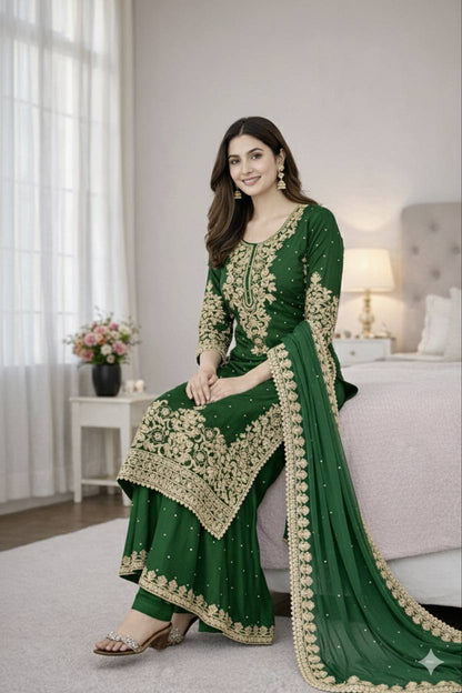 Green Designer Pure GMY Silk Top Bottom and Dupatta For Party Wear