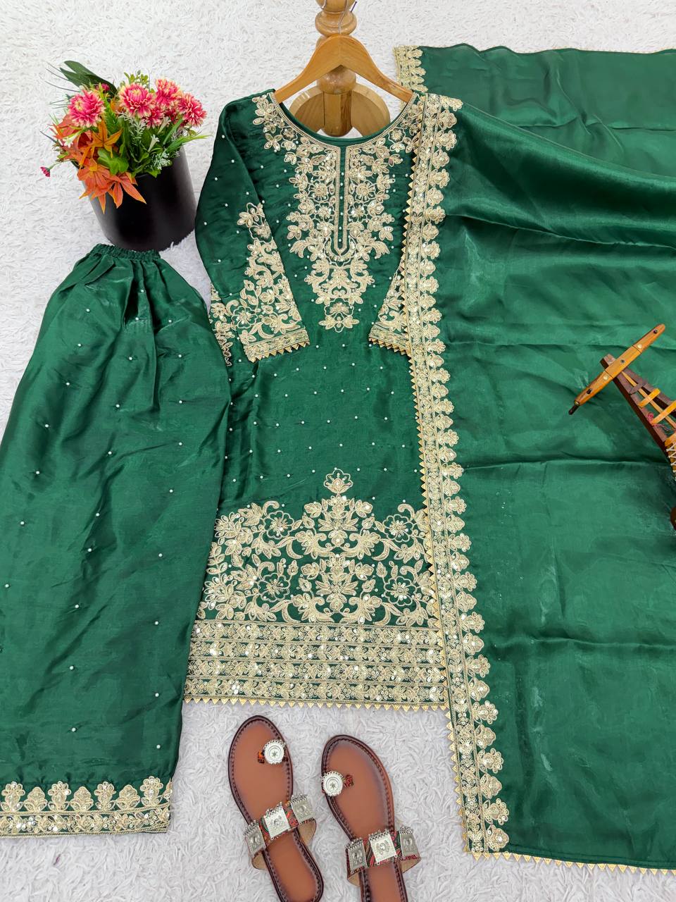 Green Designer Pure GMY Silk Top Bottom and Dupatta For Party Wear