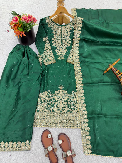 Green Designer Pure GMY Silk Top Bottom and Dupatta For Party Wear