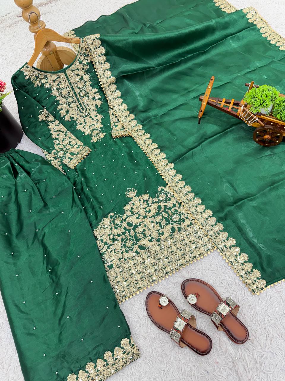 Green Designer Pure GMY Silk Top Bottom and Dupatta For Party Wear