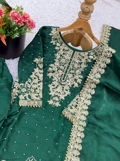 Green Designer Pure GMY Silk Top Bottom and Dupatta For Party Wear