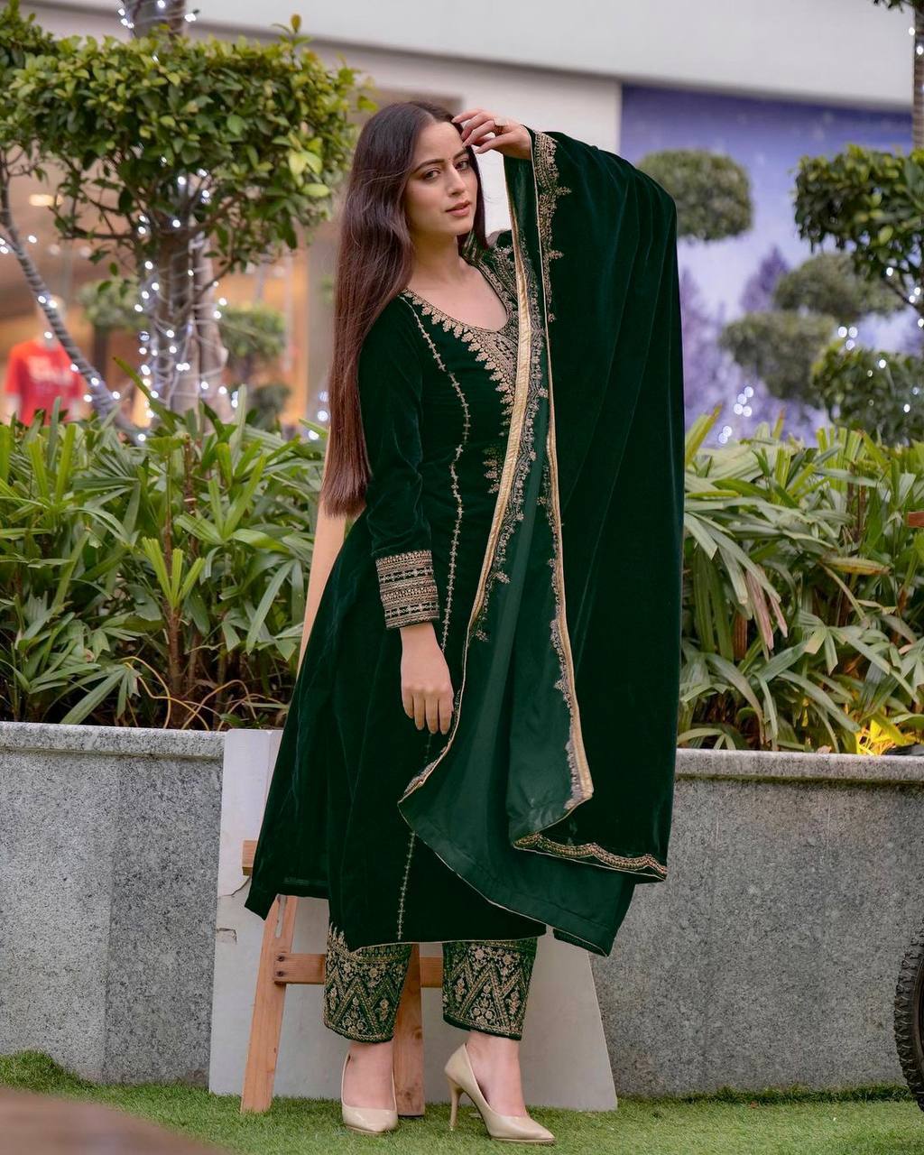 Green Designer Viscose Velvet Bottom Top and Dupatta For Party Wear