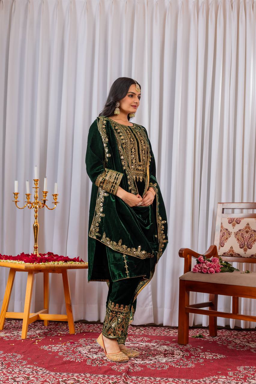 Green Designer Viscose Velvet Bottom Top and Dupatta For Party Wear