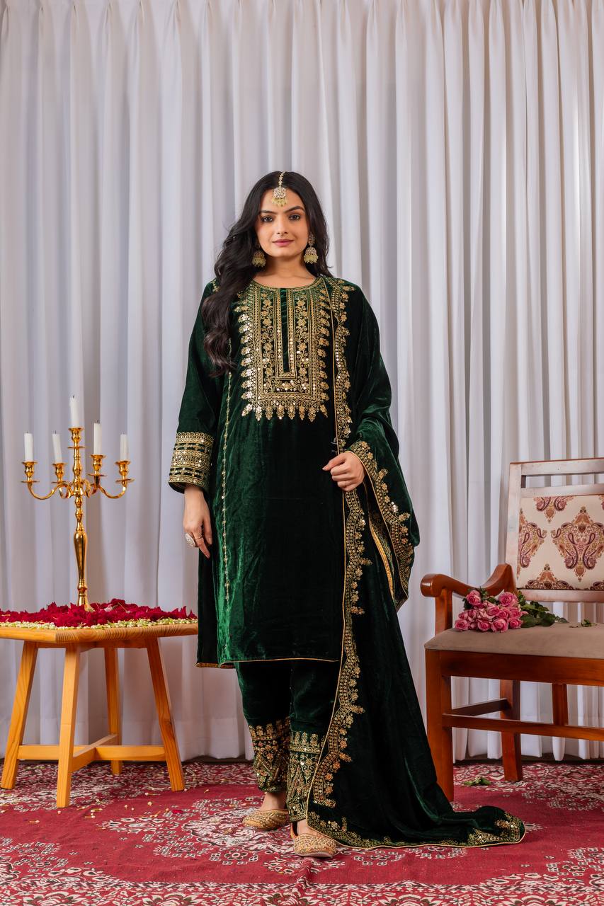 Green Designer Viscose Velvet Bottom Top and Dupatta For Party Wear
