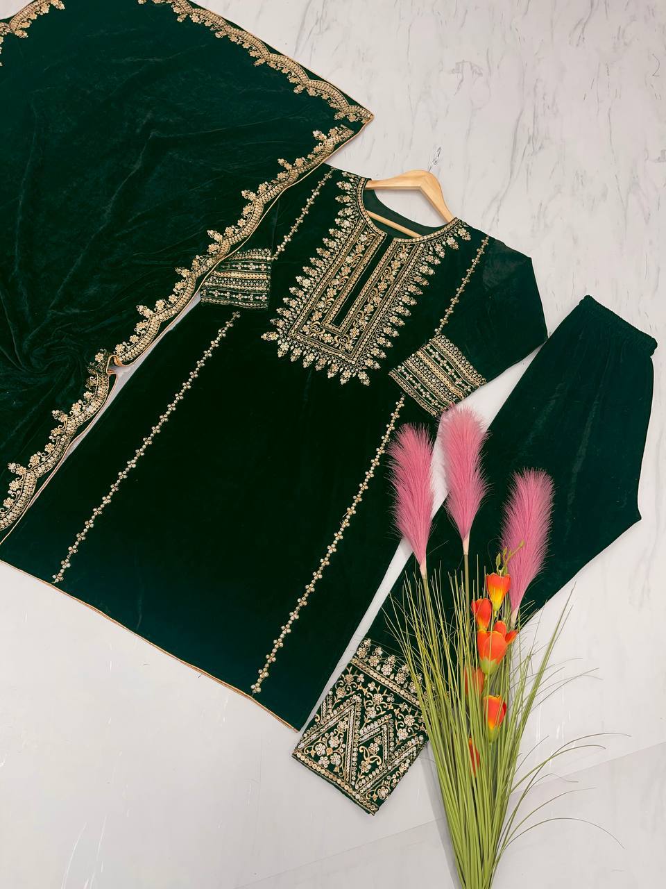 Green Designer Viscose Velvet Bottom Top and Dupatta For Party Wear