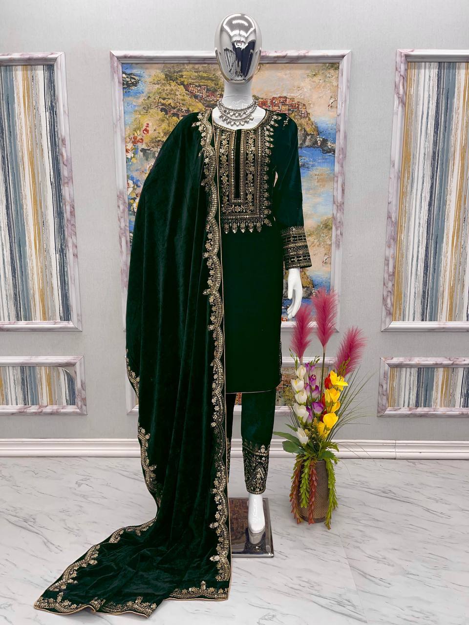 Green Designer Viscose Velvet Bottom Top and Dupatta For Party Wear