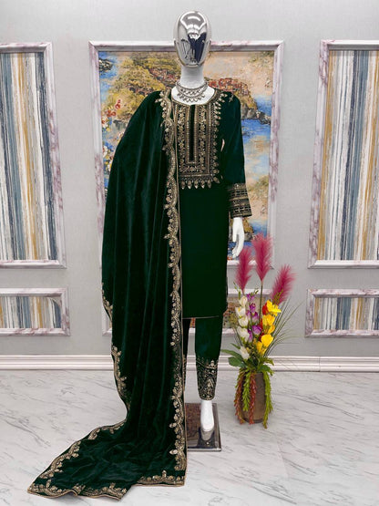 Green Designer Viscose Velvet Bottom Top and Dupatta For Party Wear