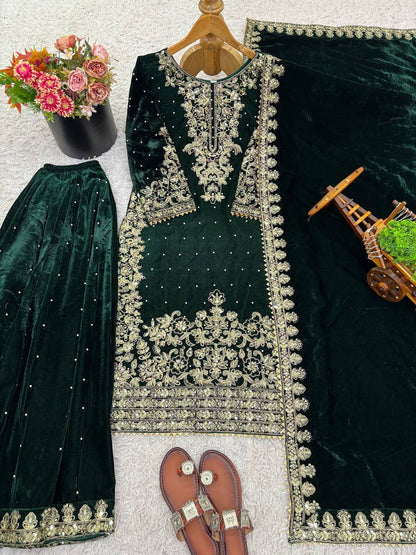Green Designer Viscose Velvet Coding Top and Dupatta For Party Wear