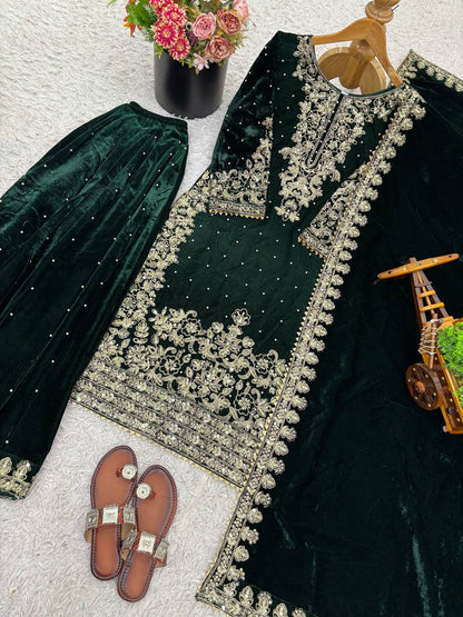 Green Designer Viscose Velvet Coding Top and Dupatta For Party Wear