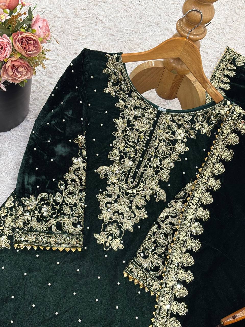 Green Designer Viscose Velvet Coding Top and Dupatta For Party Wear