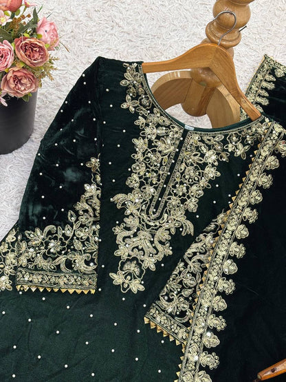 Green Designer Viscose Velvet Coding Top and Dupatta For Party Wear