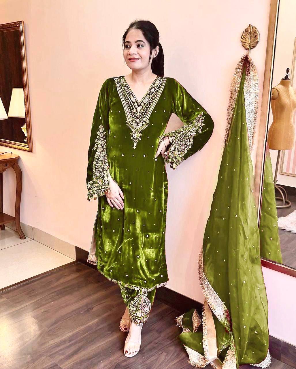 Green Designer Viscose Velvet Plazzo Top and Dupatta For Party Wear