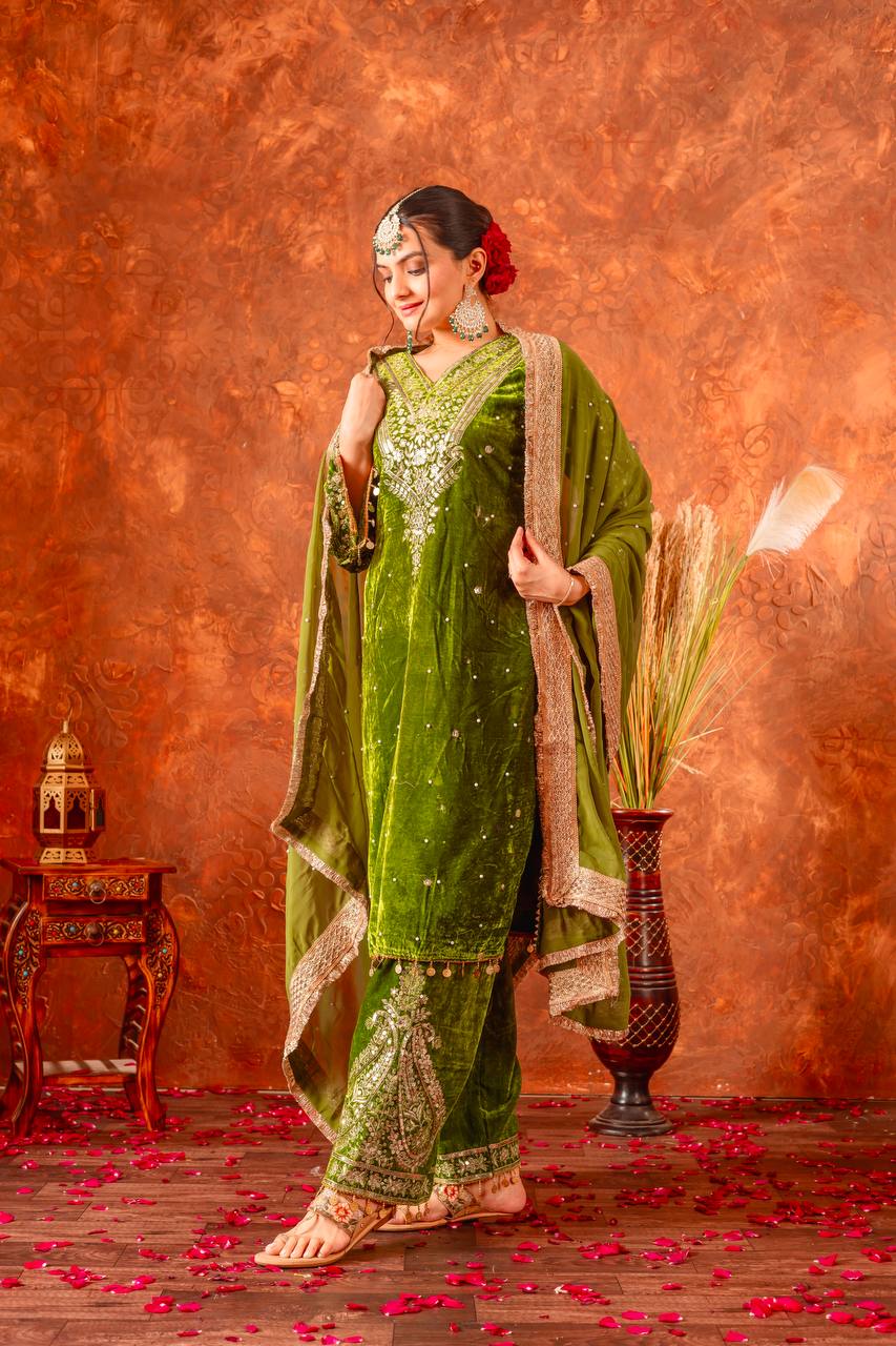 Green Designer Viscose Velvet Plazzo Top and Dupatta For Party Wear