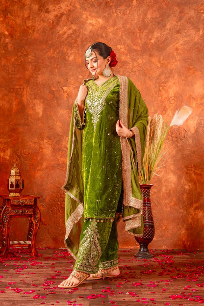 Green Designer Viscose Velvet Plazzo Top and Dupatta For Party Wear