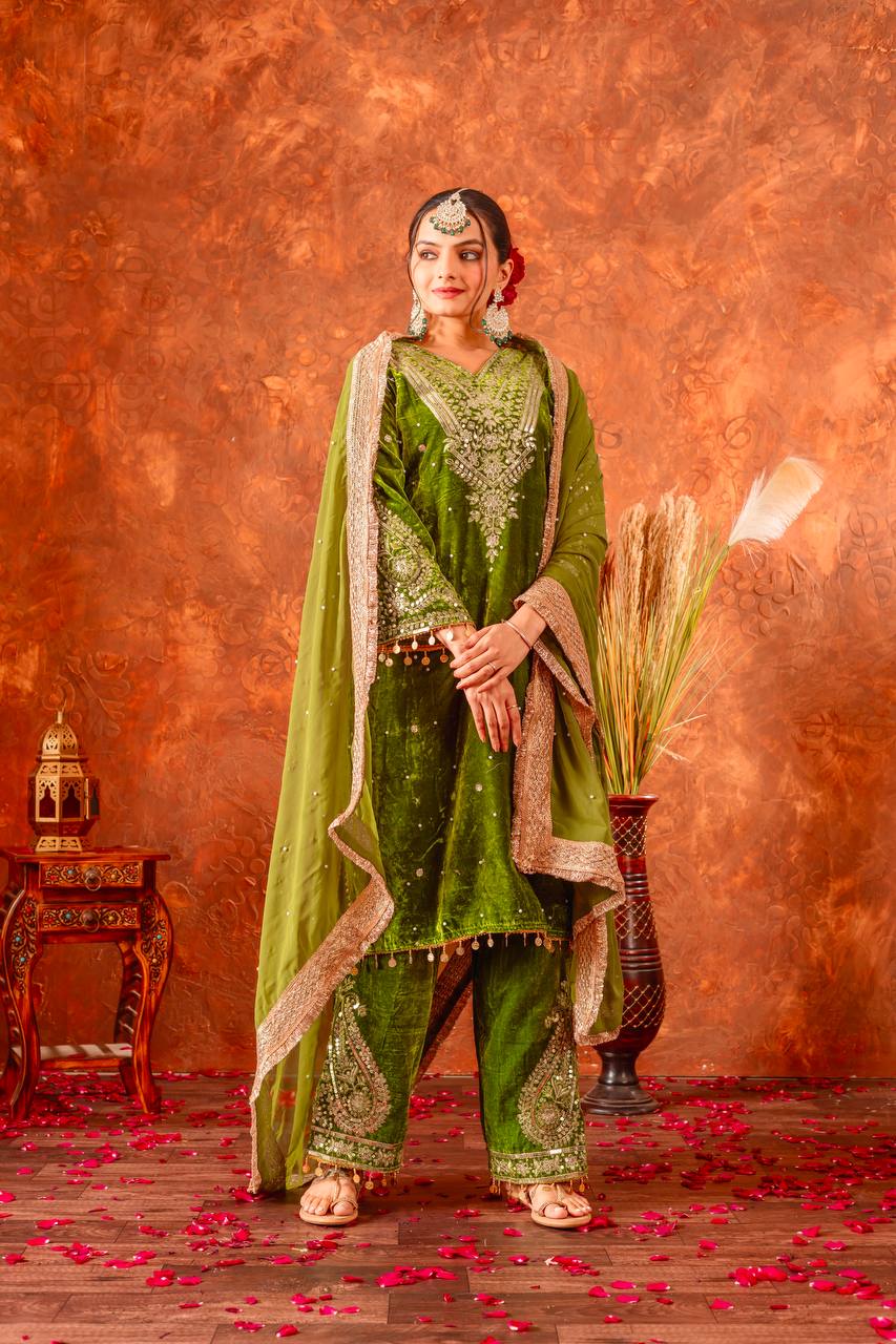 Green Designer Viscose Velvet Plazzo Top and Dupatta For Party Wear