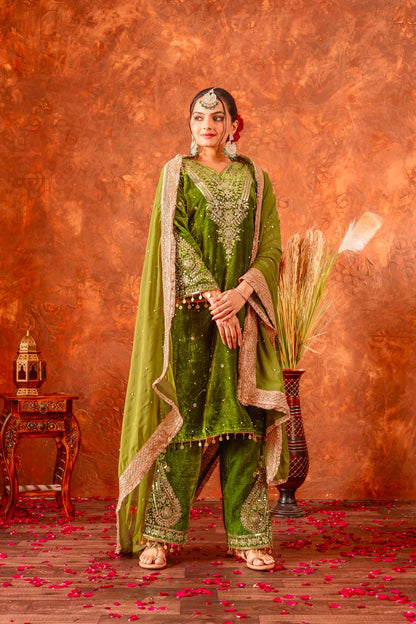 Green Designer Viscose Velvet Plazzo Top and Dupatta For Party Wear