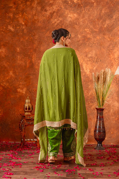 Green Designer Viscose Velvet Plazzo Top and Dupatta For Party Wear