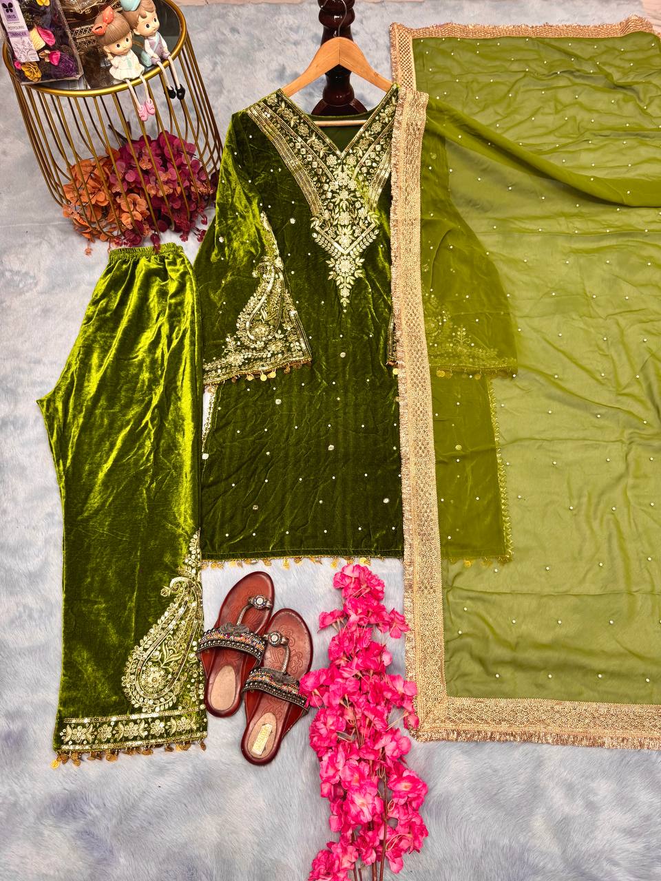Green Designer Viscose Velvet Plazzo Top and Dupatta For Party Wear