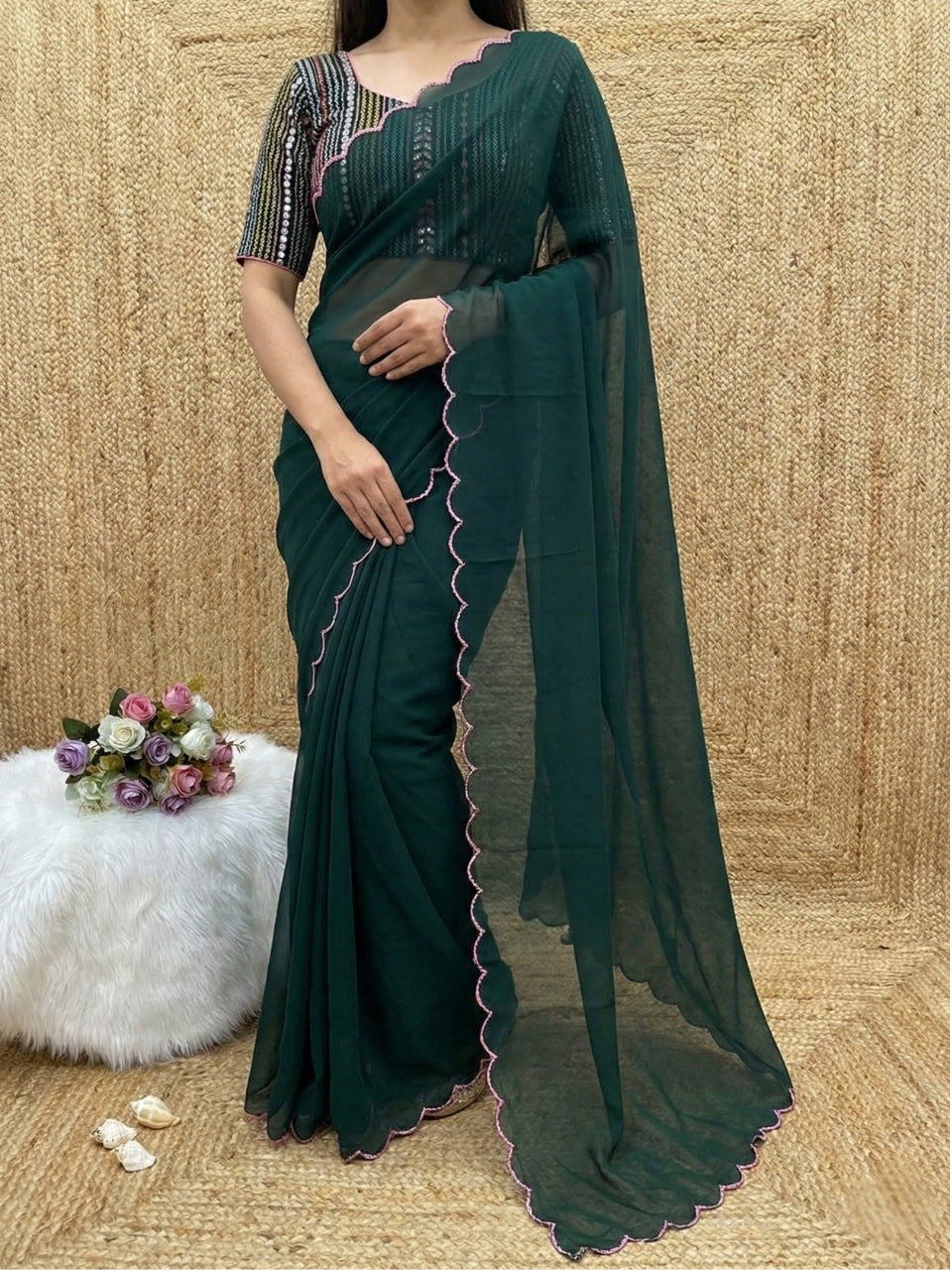 Green Georgette Aari Embroidery Border Saree with Work Blouse