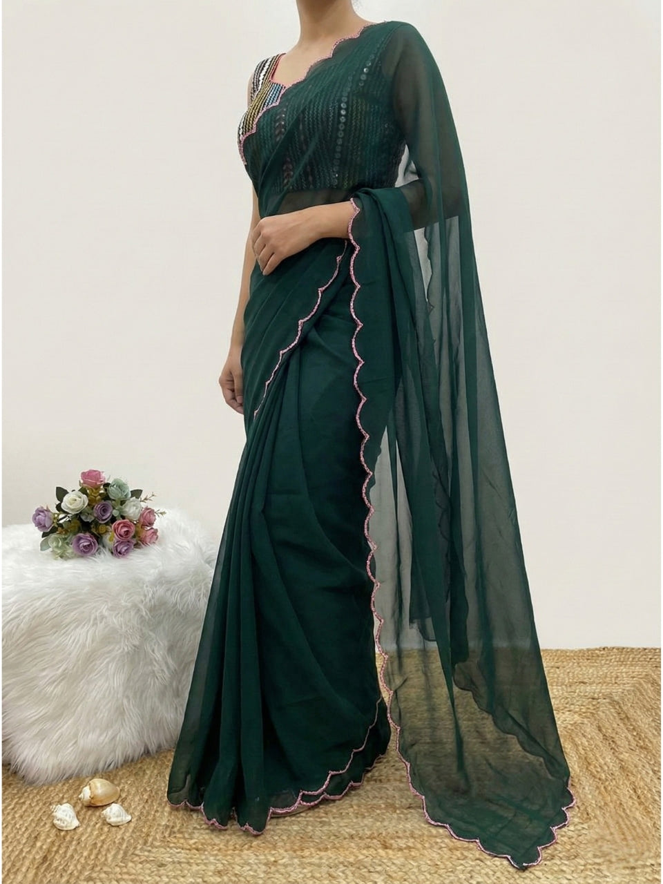 Green Georgette Aari Embroidery Border Saree with Work Blouse