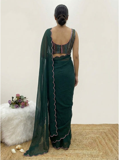 Green Georgette Aari Embroidery Border Saree with Work Blouse