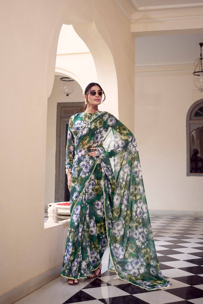 Green Marble Print Weightless Saree with Pearl Lace Border Floral Blouse