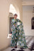 Green Marble Print Weightless Saree with Pearl Lace Border Floral Blouse