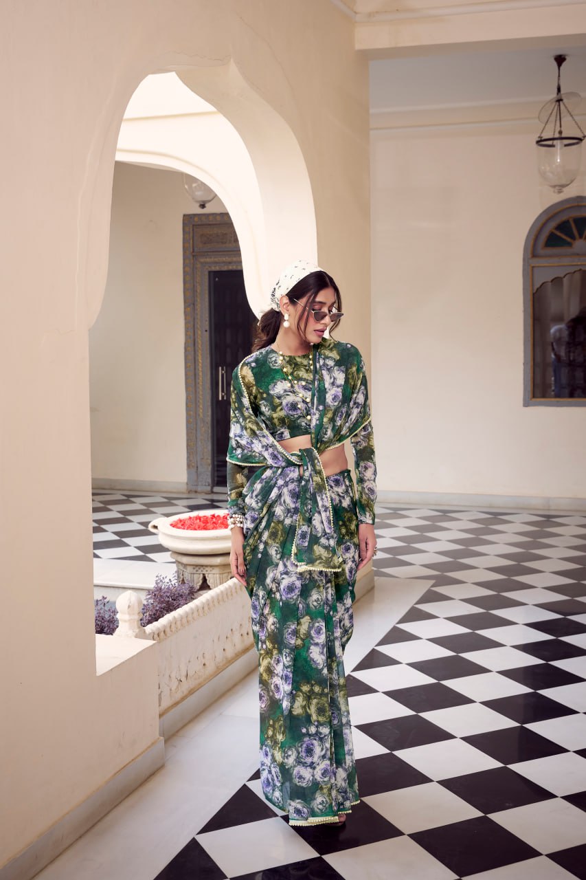 Green Marble Print Weightless Saree with Pearl Lace Border Floral Blouse