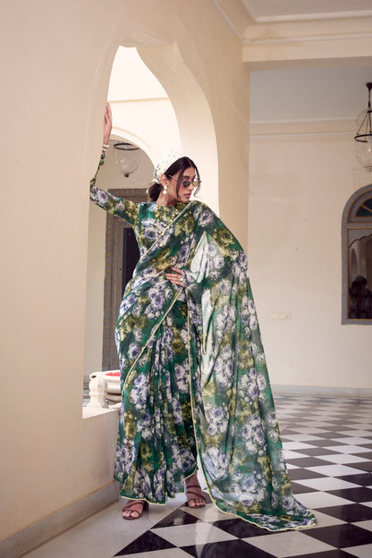 Green Marble Print Weightless Saree with Pearl Lace Border Floral Blouse