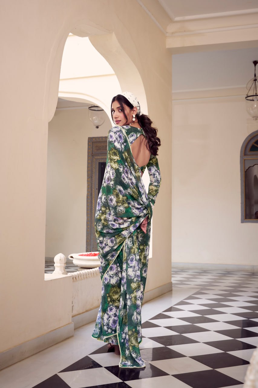 Green Marble Print Weightless Saree with Pearl Lace Border Floral Blouse
