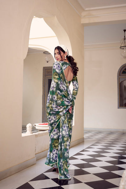 Green Marble Print Weightless Saree with Pearl Lace Border Floral Blouse