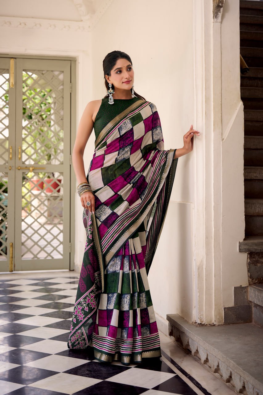 Green Polyester Viscose Chanderi Saree with Printed Temple Border