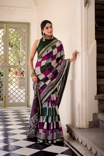 Green Polyester Viscose Chanderi Saree with Printed Temple Border