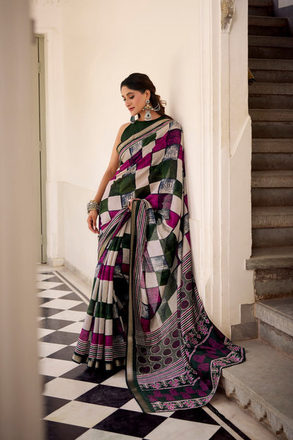 Green Polyester Viscose Chanderi Saree with Printed Temple Border