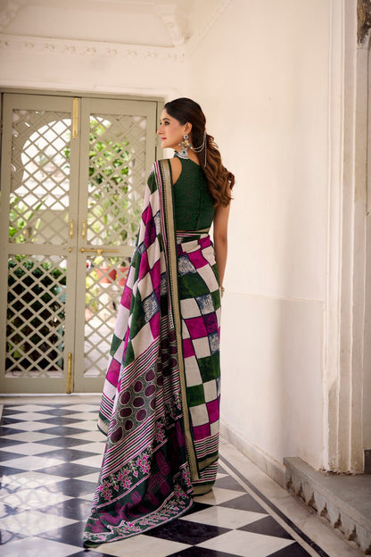 Green Polyester Viscose Chanderi Saree with Printed Temple Border