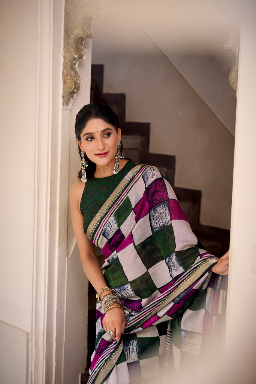 Green Polyester Viscose Chanderi Saree with Printed Temple Border