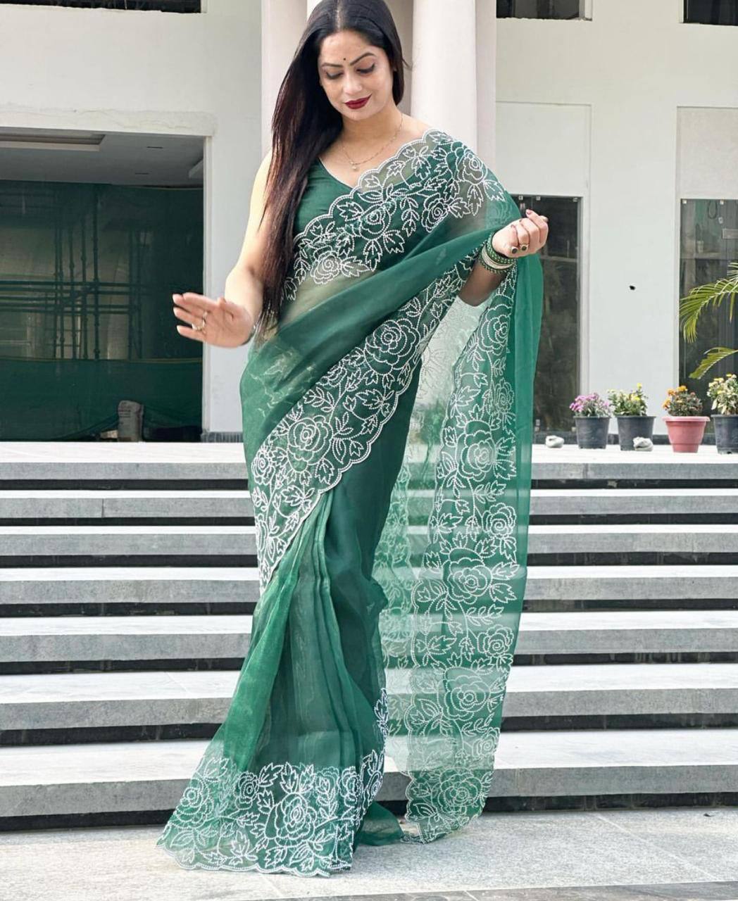Green Pure Organza Saree with White Embroidery Floral Border