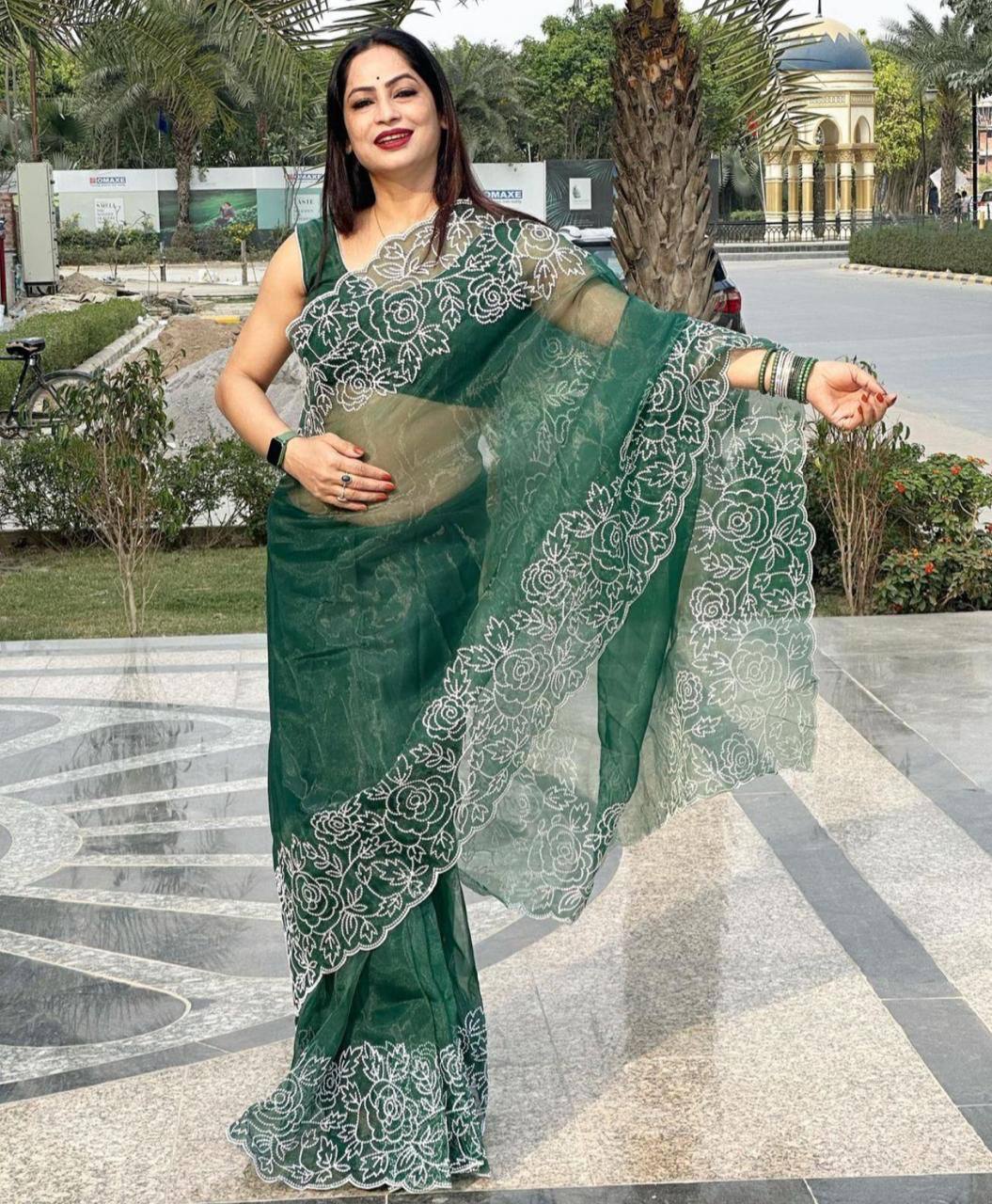 Green Pure Organza Saree with White Embroidery Floral Border
