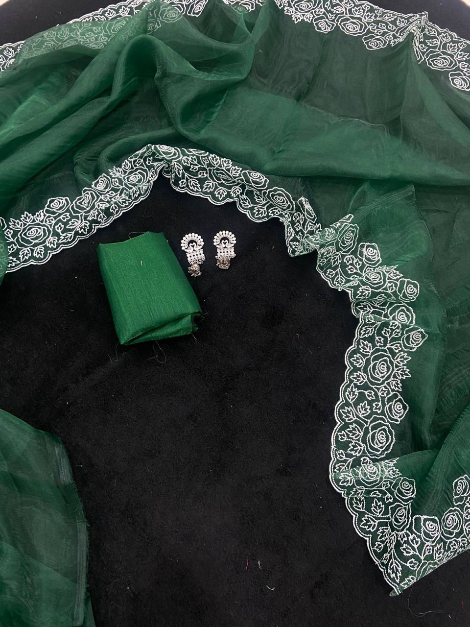 Green Pure Organza Saree with White Embroidery Floral Border