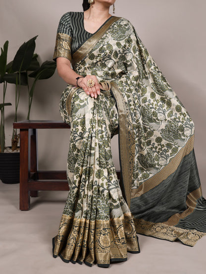 Green Tasar Silk Printed Saree with Viscose Border Matching Blouse