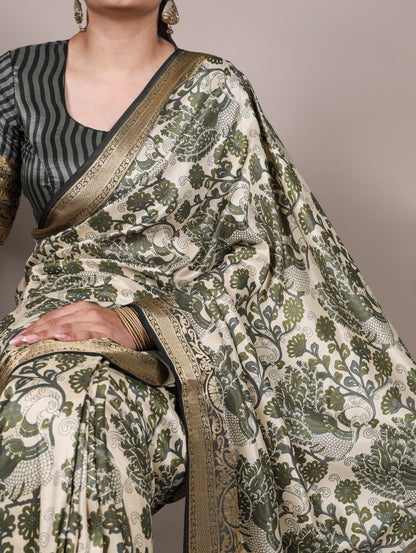 Green Tasar Silk Printed Saree with Viscose Border Matching Blouse