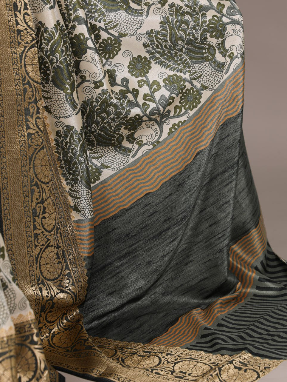 Green Tasar Silk Printed Saree with Viscose Border Matching Blouse