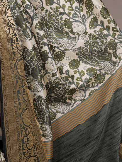 Green Tasar Silk Printed Saree with Viscose Border Matching Blouse