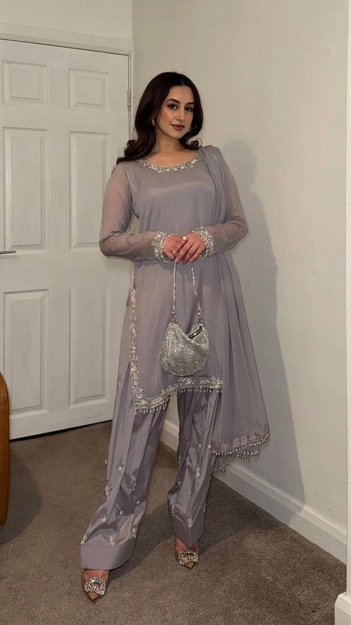Grey Designer Faux Georgette Embroidery Top Farshi Pant and Dupatta