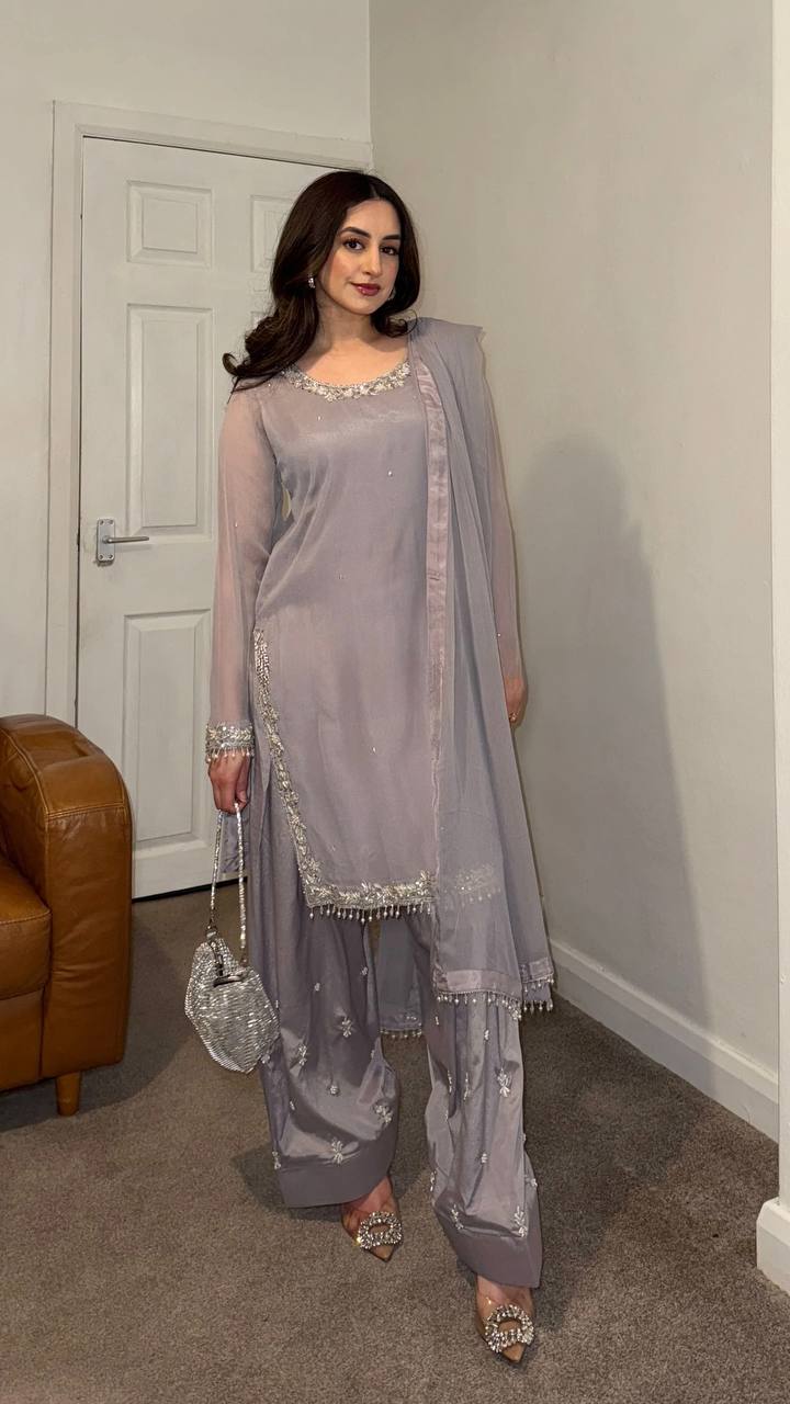 Grey Designer Faux Georgette Embroidery Top Farshi Pant and Dupatta