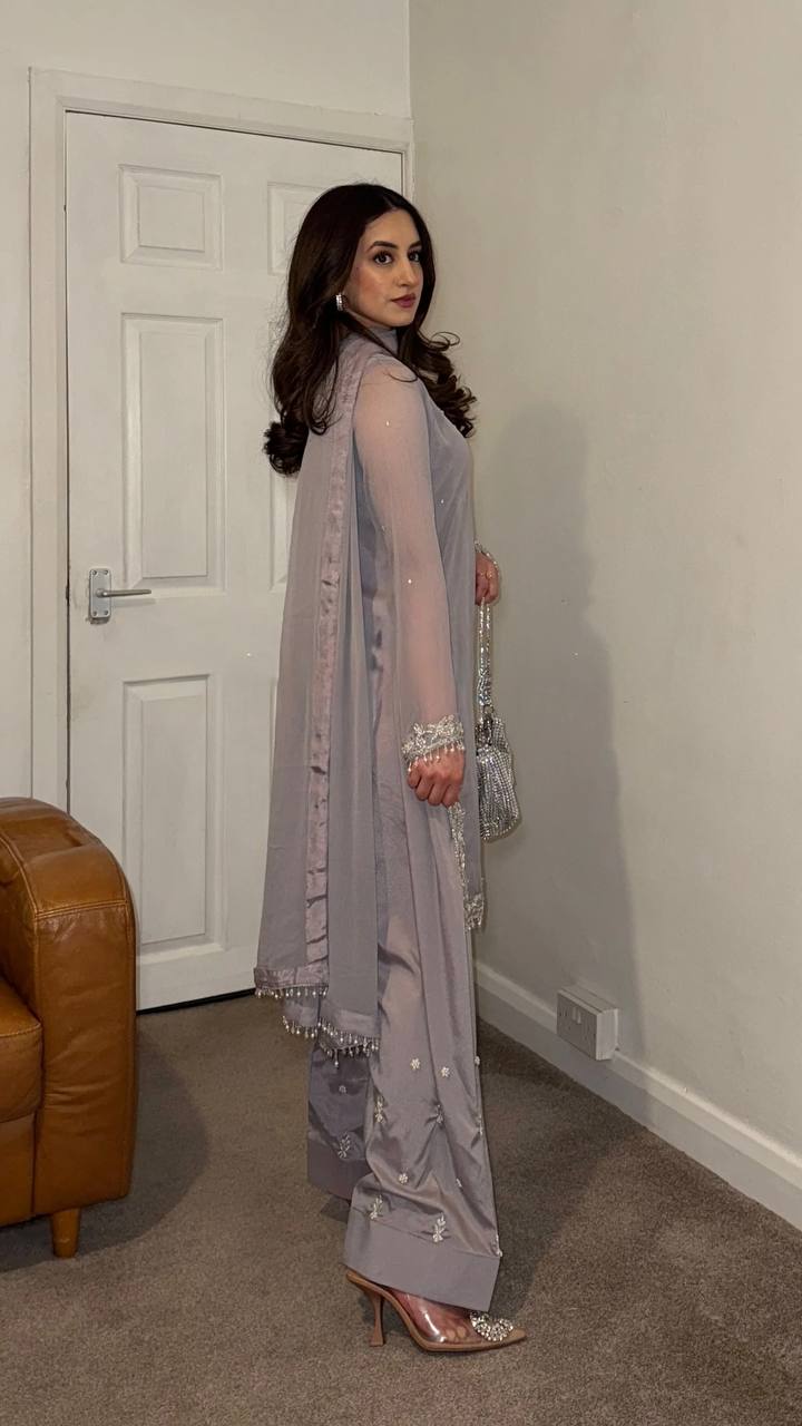 Grey Designer Faux Georgette Embroidery Top Farshi Pant and Dupatta